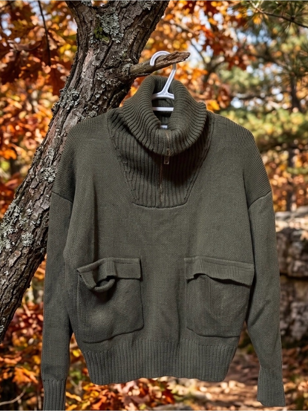 Madison Olive Green Zip-Neck Knit Sweater